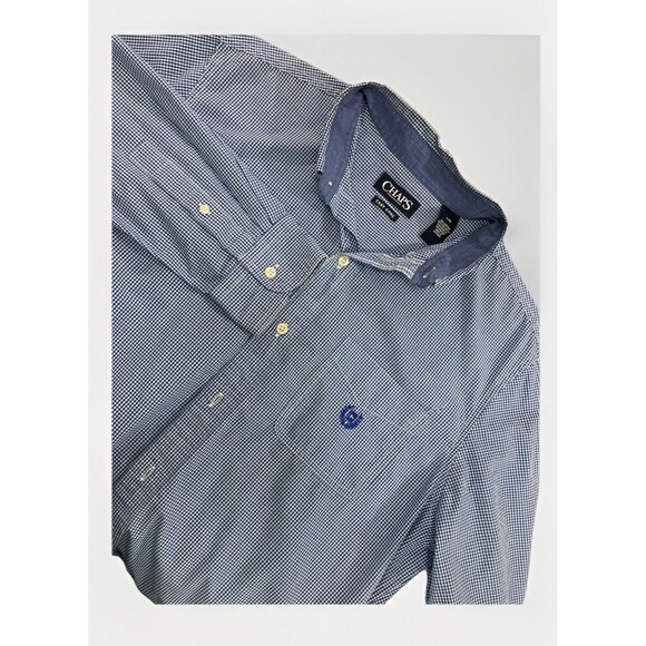 Chaps Men’s Shirt L Blue Gingham Plaid Button Up Easy Care Casual Dress Preppy - Picture 1 of 8